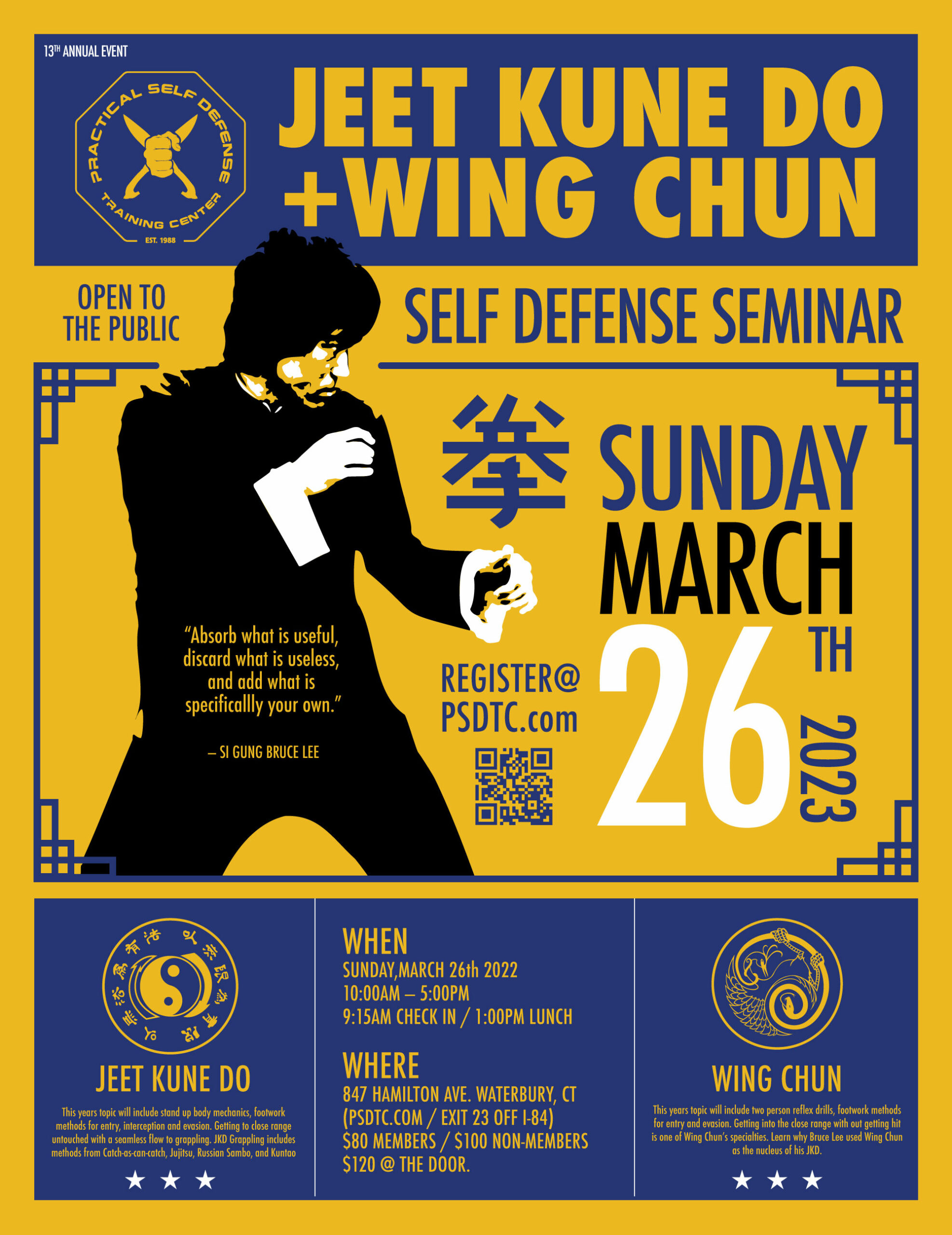 Wing Chun & Jeet Kune Do – Self Defense Seminar Sunday March 26th 2023